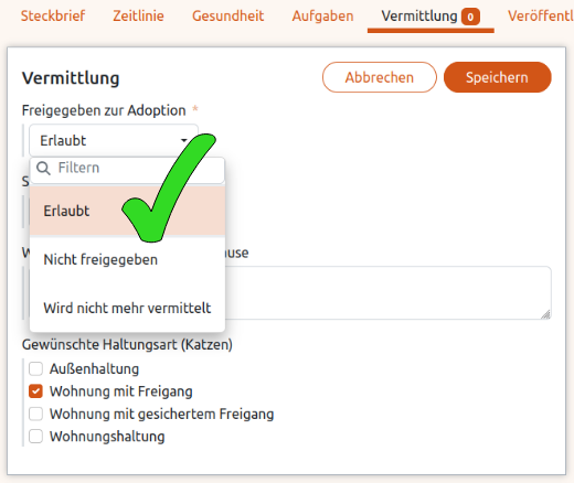 Beispiel der Freigabe zur Vermittlung in der Anigu Tierverwaltung